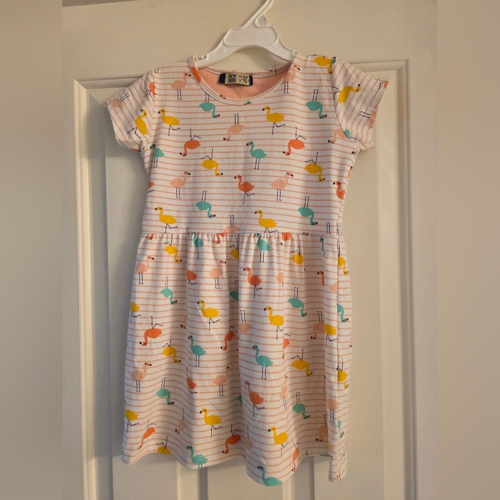 Girls' Short Sleeve Flamingo Print Dress - Multi-Color